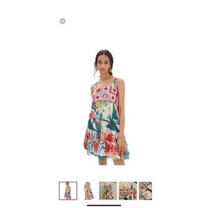 FARM RIO Anthropologie Floral Crochet Tier Dress XL Green Leaf Pockets Lined